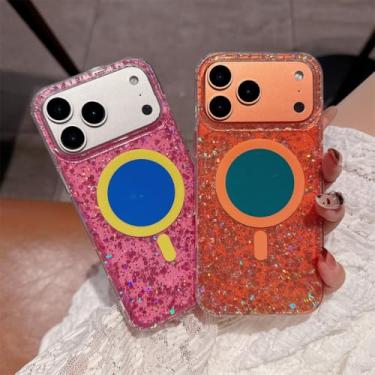 Imagem de Capa magnética colorida com glitter e estampa de dopamina para iPhone 17, 16, 15, 14 Pro Max com suporte magnético e airbags (para iPhone 15 Pro Max/Amarelo com suporte)