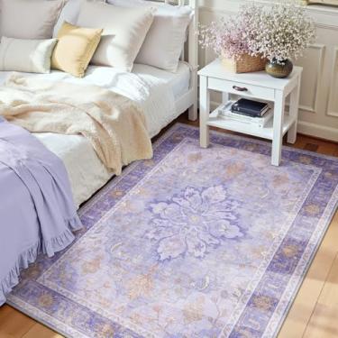 Imagem de RELEANY Tapetes de área 9,5 x 1,5 m, lavável, antiderrapante, estampa floral, vintage, tapete medalhão para sala de estar, quarto, sala de jantar, roxo claro e marrom