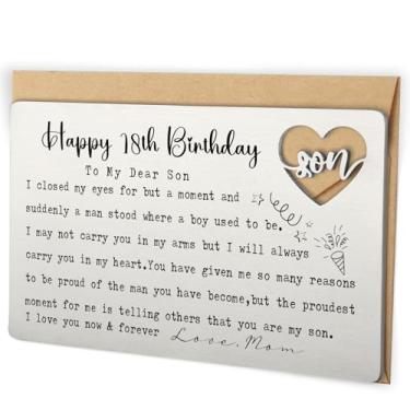 Imagem de Carteira de feliz aniversário de 18 anos para filho da mãe, cartão postal gravado a laser de aço inoxidável com recorte de coração, presente de aniversário de filho adulto, lembrança de bolso
