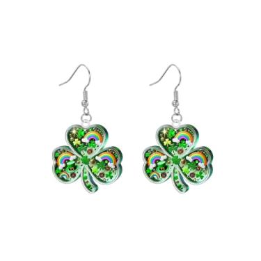 Imagem de Brincos pendentes de arco-íris de trevo verde para mulheres, fofo, banhado a prata, acrílico, coração, amor, trevo da sorte, joia moderna e leve para festa festiva do dia de São Patrício
