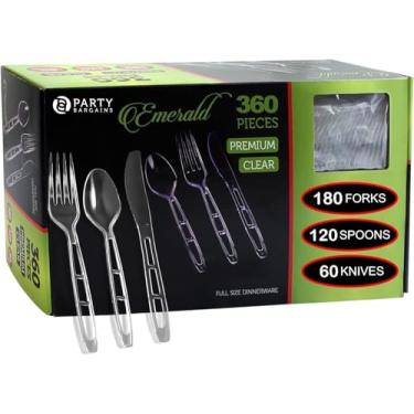 Imagem de Party Bargains Conjunto de talheres de plástico transparente esmeralda com 360 peças: 180 garfos, 120 colheres, 60 facas. Talheres elegantes e resistentes pacote combo de utensílios descartáveis para