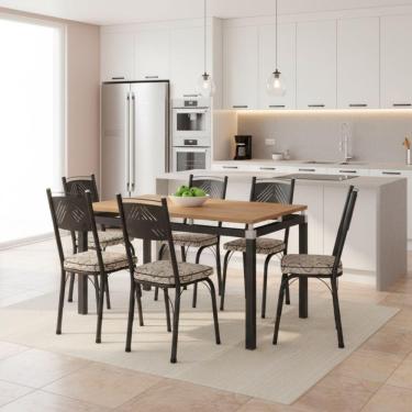 Imagem de Conjunto De Mesa Malva Com 6 Cadeiras 151 Tampo Bp 136cm Cor Sf Preto Assento Cedro