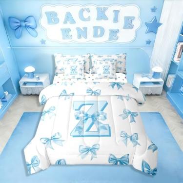 Imagem de Erosebridal Conjunto de cama casal com letra Z, tamanho casal, 7 peças, edredom com laço azul fofo com lençóis, cama com laço de princesa sonhadora em uma bolsa, para crianças, adolescentes, mulheres
