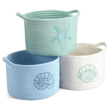 Imagem de Vesici 3 cestas de tecido de concha costeira estrela do mar azul branco verde praia pequena cesta de armazenamento de corda de algodão 24 cm x 18 cm organizador de roupas com alças para brinquedos