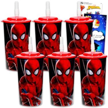 Imagem de Marvel Copos reutilizáveis Spiderman Kids de 473 ml, pacote de 6 peças com copo de 473 ml com tampa e canudo Plus adesivos para meninos, meninas | Copo do Homem-Aranha com canudo