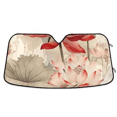 Imagem de Protetor solar vermelho bege tricolor premium cinza lótus floral para para-brisas de carro, protetor solar protetor solar para carro