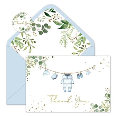 Imagem de Whaline Pacote com 100 cartões de agradecimento para chá de bebê cartões de felicitações em caixa cartão azul de pano de bebê com adesivo envelope para revelação de gênero de aniversário