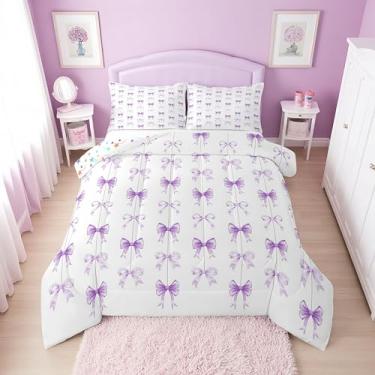 Imagem de Erosebridal Conjunto de edredom queen com gravata borboleta roxa para meninas | Conjunto de cama com laço roxo coquete para crianças e mulheres, conjunto de cama com laço de princesa fofo, decoração