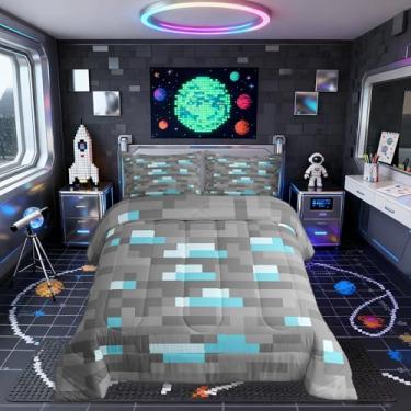 Imagem de Conjunto de edredom infantil Pixelated Blocks Miners, tamanho casal, videogame, gamepad, decoração de quarto de meninos, edredom de patchwork de grade geométrica, conjunto de edredom cinza e azul, 2