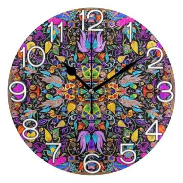 Imagem de GAIGEO Relógio de parede decorativo analógico relógio de cozinha rústico operado por bateria, retrô moderno art deco decoração de parede floral oriental vintage colorido, 25 cm, ponteiros dourados