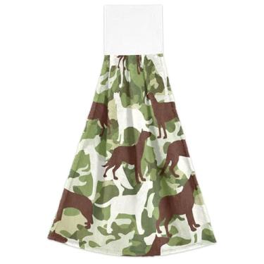 Imagem de Toalhas de mão primavera com laço para pendurar camuflagem marrom cachorro verde forno conjunto de 2, decoração de cozinha moderna macia absorvente, 46 x 35 centímetros