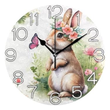 Imagem de GAIGEO Relógio de parede analógico vívido em aquarela fofo coelho decorativo relógio de cozinha rústico estético silencioso sem tique-taque, decoração de parede vintage, sala de estar, 25 cm
