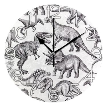 Imagem de GAIGEO Relógio de parede analógico decorativo relógio de cozinha rústico funky alimentado por bateria, decoração de parede vintage sala de estar dinossauros vintage cinza branco, 25 cm, ponteiros