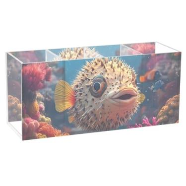 Imagem de TSENQUE Peixe-baiacu personalizado colorido recifes de coral acrílico bonito suporte de caneta para arte de mesa, caneta, porta-lápis, organizador de papelaria, organizador de mesa estético