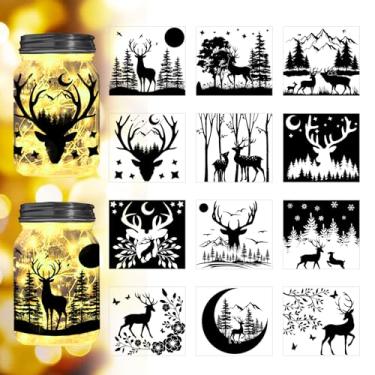 Imagem de 12 peças de papel de silhueta de PVC, decalques de recortes de PVC à prova d'água com padrão de veado retangular, decoração de iluminação autoadesiva para telefones celulares, scrapbooks, paredes