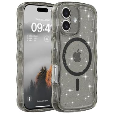 Imagem de FABSPARK Capa para iPhone 16e, compatível com MagSafe, capa ondulada com moldura ondulada magnética transparente com glitter brilhante, policarbonato rígido de acrílico transparente para iPhone 16e