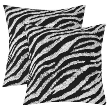 Imagem de jejeloiu Conjunto de 2 capas de almofada com glitter preto e branco zebra 40,6 x 40,6 cm para crianças, estampa animal, mulheres, homens, listras geométricas, decoração de quarto