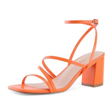Imagem de LACUONE Sandálias femininas de salto alto com tiras e salto quadrado bico quadrado com fivela no tornozelo, Laranja, 38