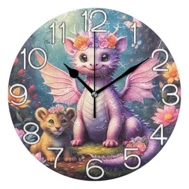 Imagem de GAIGEO Relógio de parede analógico decorativo para sala de aula, relógio de escritório, estético, silencioso, sem tique-taque, decoração de parede moderna, desenho animado colorido de dragão fofo, 25