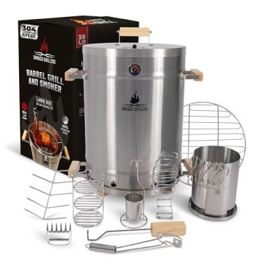 Imagem de Smoked Grillers Combo Barrel Smoker Grill | Barril 100% de aço inoxidável | 95% menos fumaça, calor uniforme | Fácil de usar e limpar - Defumador vertical ideal para varandas e quintais (16 kg)