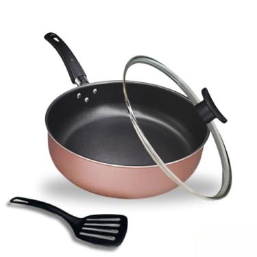 Imagem de Frigideira Alta 24 cm 5 Camadas Antiaderente Teflon com Tampa de Vidro e Espátula Cor Rose e Preto