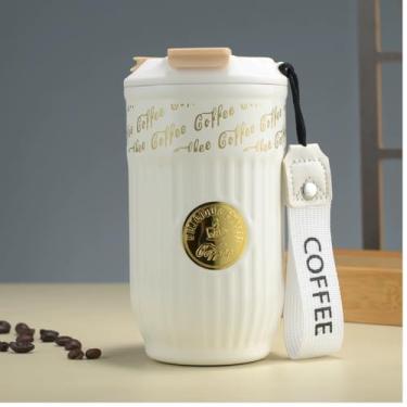 Imagem de Copo Térmico de Aço Inoxidável 304, 420ml, Preto com Canudo e Bico, para Bebidas Quentes e Frias, 14x8cm