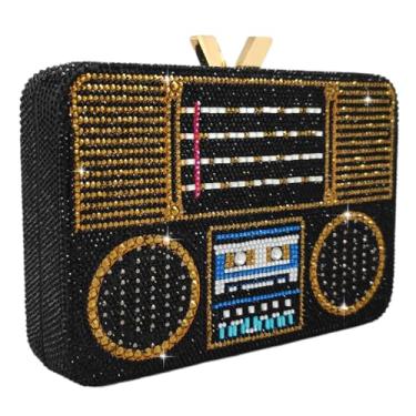 Imagem de Boutique De FGG Retro Radio Boom Box Bolsas femininas de cristal preto para noite, festas, jantares, formaturas, strass, bolsas e bolsas de mão, Preto, Small