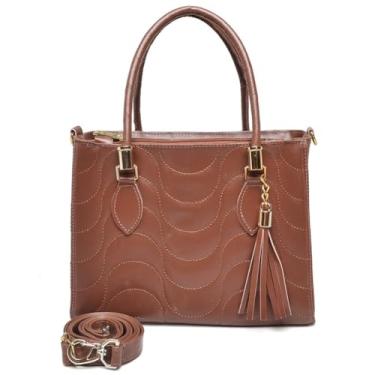 Imagem de Bolsa de Mão Feminina, Couro Branco, Alça Transversal Removível, Detalhes em Metal Dourado (CARAMELO)