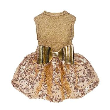 Imagem de Fitwarm Vestido extravagante para cachorro, roupas de cachorro de lantejoulas brilhantes para cães pequenos menina, traje formal de casamento para animais de estimação, roupa de aniversário de gato, ouro, grande