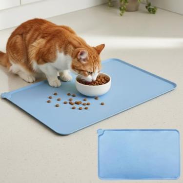 Imagem de Tapete de alimentação para animais de estimação 48 x 30 cm - para comida e água, tapete de tigela para cães e gatos, antiderrapante, super absorvente (azul)