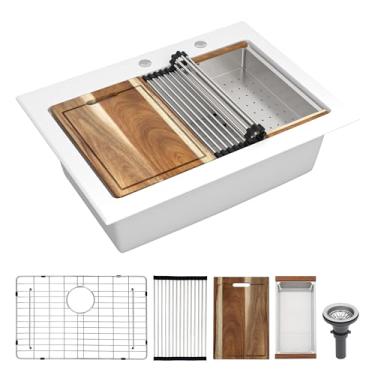 Imagem de Pia de cozinha composta de 30 granitos - Fulorni 76,2 cm x 55,88 cm de granito para pia de cozinha, estação de trabalho Drop In Topmount, quartzo branco, clássico, acima do balcão, tigela única