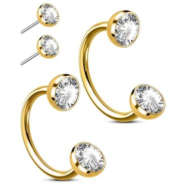 Imagem de OUFER 2 argolas de nariz de aço cirúrgico 316L com pedras duplas, 20 g, ferradura sem rosca, ouro para mulheres, homens, septo, lábio, sobrancelha, hélice, daith, torre, piercing joia com parte