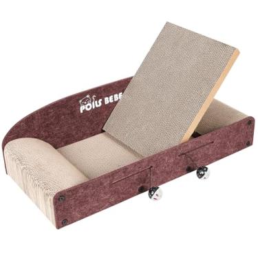 Imagem de Poils Bebe Raspador de sofá de 66 cm, arranhador de papelão com bolas de sino, espreguiçadeira durável para gatos internos, protetor de móveis contra arranhões para gatos com erva-dos-gatos