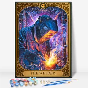 Imagem de HUINORYA The WELDERTAROT Card Iron Worker Tela emoldurada DIY Kit de pintura por números bar café caverna sala de casa parede banheiro varanda pátio decoração presente, 40,6 x 30,5 cm