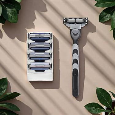 Imagem de Navalha manual, barbeador masculino portátil (1 suporte de faca + 4 lâminas), lâmina de 3 camadas antiarranhões, cuidados com a pele confortável, adaptável a vários cenários