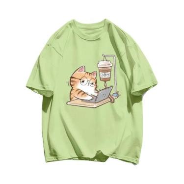 Imagem de Camisetas Femininas De Algodão Para O Verão Com Estampa De Gatos E Caf
