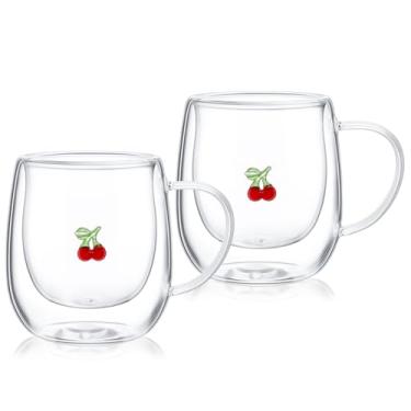 Imagem de Baderke Conjunto de 2 peças de canecas de vidro com ícone de cereja 340 g antigo ícone canecas de café frutas transparentes copos duplos com alça para primavera, verão, bebidas, café, chá, casa
