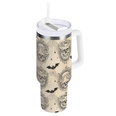 Imagem de SEHANY Copo Skull Gothic de 1,134 g com alça, copo isolado de aço inoxidável de parede dupla, à prova de vazamento, caneca de café isolada para viagem, cabe no suporte de copo de carro