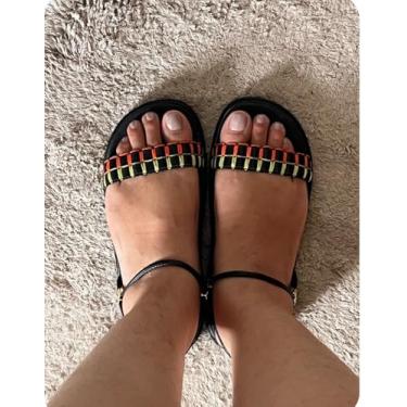 Imagem de Sandália Papete Preta Fashion com Detalhe Trançado em Laranja e Amarelo (BR, Adulto, Numérico, 40)