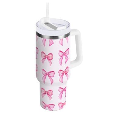 Imagem de SEHANY Copo fofo com laço rosa de 1,134 g com alça, copo isolado de aço inoxidável a vácuo de parede dupla, à prova de vazamento, caneca de café isolada para viagem cabe no suporte de copo de carro