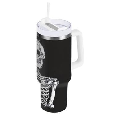 Imagem de SEHANY Copo Skull Gothic de 1,134 g com alça, copo isolado de aço inoxidável de parede dupla, à prova de vazamento, caneca de café isolada para viagem, cabe no suporte de copo de carro
