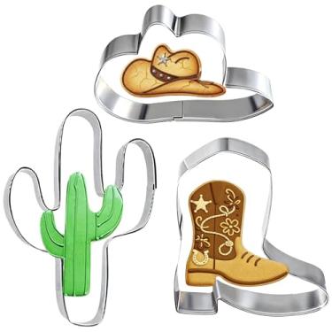 Imagem de Conjunto de cortadores de biscoito Cowboy Cowgirl, 3 peças de cortadores de biscoito ocidentais, botas de caubói, formas de chapéu e cacto, cortadores de biscoito de aço inoxidável para assar, chá de