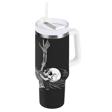Imagem de SEHANY Copo Skull Gothic de 1,134 g com alça, copo isolado de aço inoxidável de parede dupla, à prova de vazamento, caneca de café isolada para viagem, cabe no suporte de copo de carro