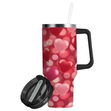 Imagem de ATTX Copo de coração de dia dos namorados de 850 g com alça, copo de aço inoxidável a vácuo de parede dupla com palha, caneca de café de viagem isolada #297