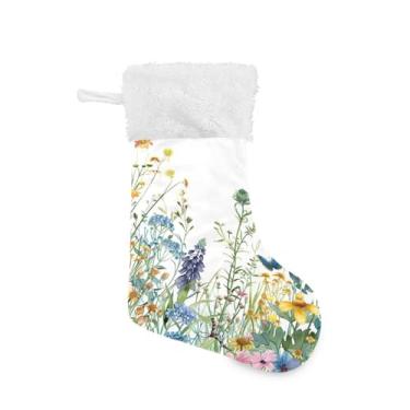 Imagem de ATTX Meias de Natal de flores silvestres com borboletas, suporte de presente de punho de pelúcia branco para decorações de festas de fim de ano (17,7 polegadas, 1 pacote) #385