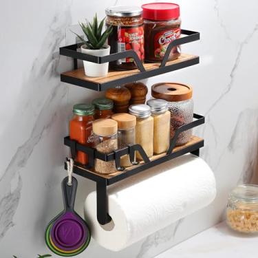 Imagem de Suporte de toalha de papel com prateleira, organizador de madeira para especiarias de cozinha, suporte de rolo de toalha de papel autoadesivo e de perfuração com 4 ganchos