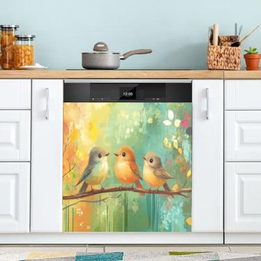 Imagem de xigua Capa magnética para lava-louças de pássaros fofos, adesivos magnéticos decorativos antiarranhões para painel de geladeira e lava-louças, decoração personalizada de cozinha doméstica 58 x 66 cm