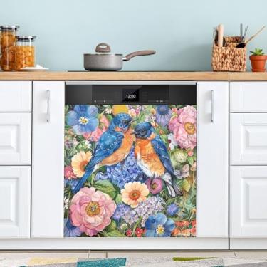 Imagem de SEHANY Aquarela Bluebirds capa magnética para lava-louças, adesivos magnéticos decorativos antiarranhões para painel de geladeira e lava-louças, decoração de flores de fazenda de cozinha doméstica 58