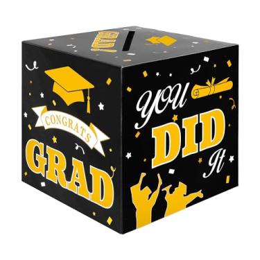 Imagem de Caixa de cartão de formatura, decorações de festa de formatura 2025, porta-cartões de graduação em ouro preto, caixa de presente de cartão de graduação dobrável para decoração de papelão de parabéns