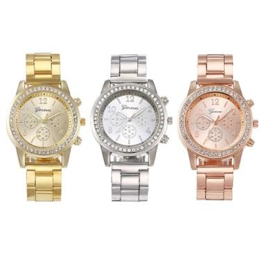 Imagem de Dacdyi 3 peças de relógios de atacado elegantes de diamante para mulheres, mostrador redondo clássico, bisel de strass, analógico, quartzo, relógios femininos, Dourado, Moderno